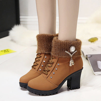Fiorelle Women's Glam Knit-Cuff Boots - Rhinestone Decor Side Zip Block Heel Dress Boots (US 5-10)
