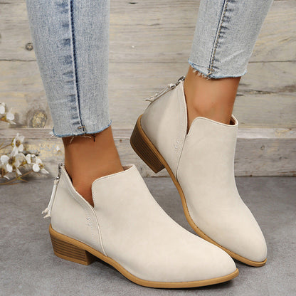 Fiorelle Plus Size Women's British-Inspired Solid-Color Pointed Toe Casual Fashion Boots with Rear Zipper & Low Chunky Hee