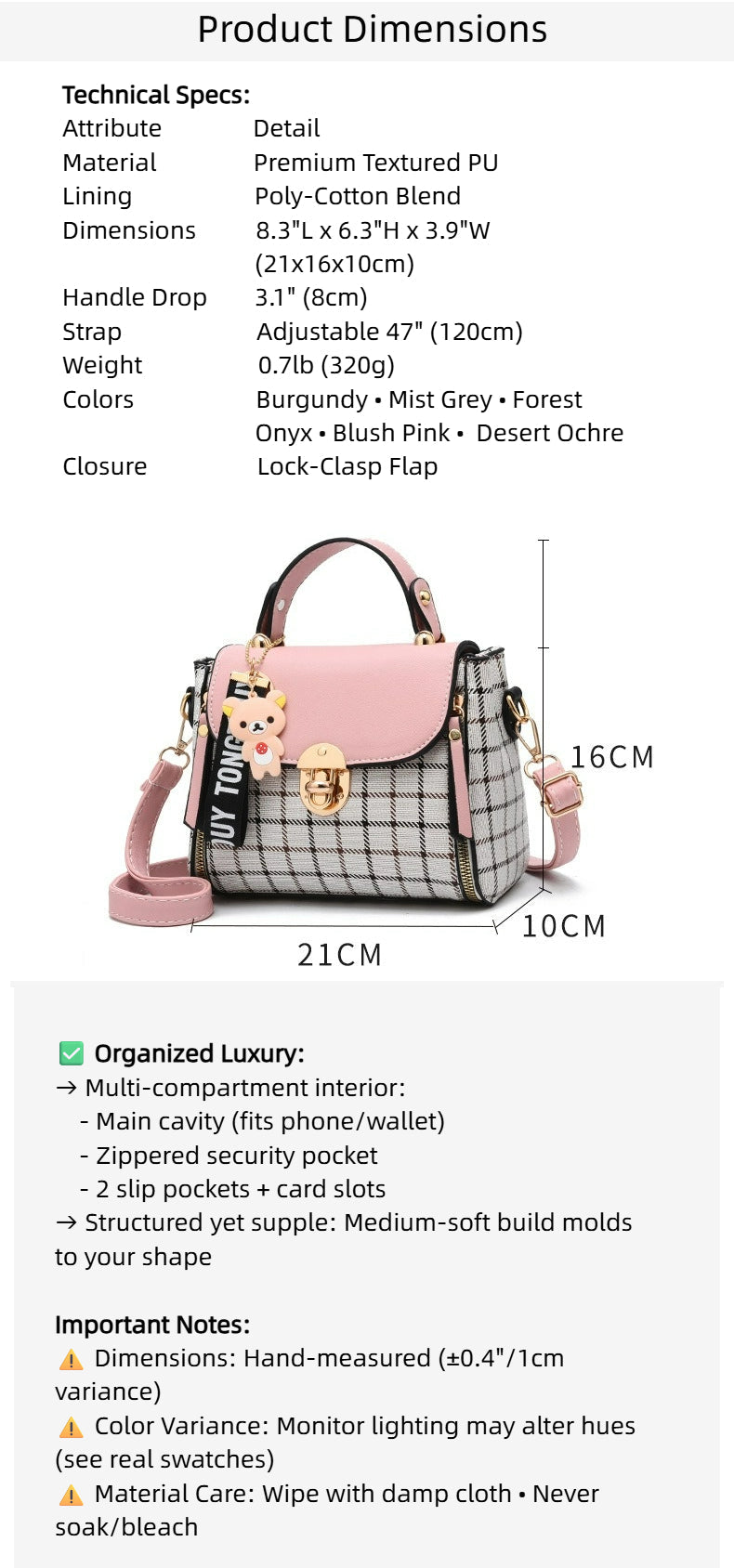 Fiorelle Women's Tartan-Trim Mini Crossbody - 3-Way Convertible Bag w/ Color-Block & Enamel Charms, Textured PU Small Purse