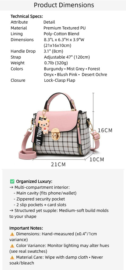 Fiorelle Women's Tartan-Trim Mini Crossbody - 3-Way Convertible Bag w/ Color-Block & Enamel Charms, Textured PU Small Purse
