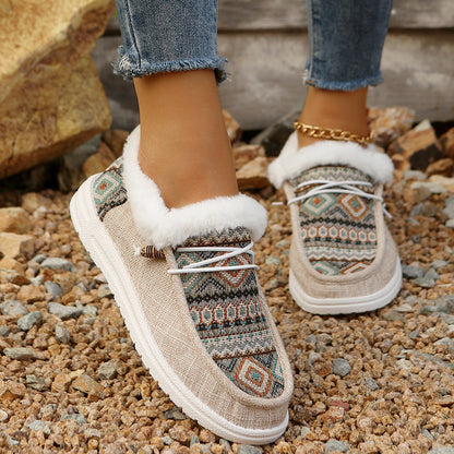 Fiorelle Women's Folklore Plush Flat Boots - Ethnic Print Lace-Up Winter Snow Shoes with Cozy Fleece Lining- US(5-10.5)