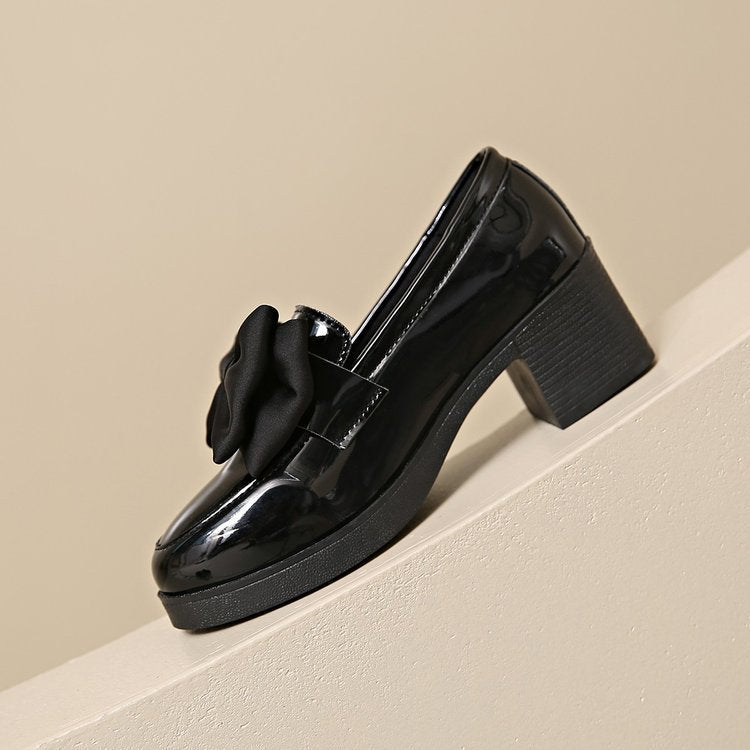 Fiorelle Women's Plus Size Bowknot Leather Shoes with Chunky Heel Platform
