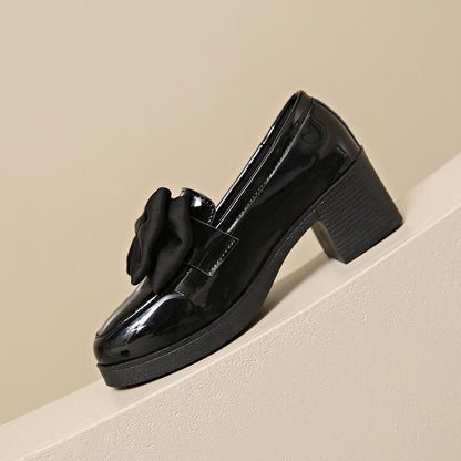 Fiorelle Women's Plus Size Bowknot Leather Shoes with Chunky Heel Platform