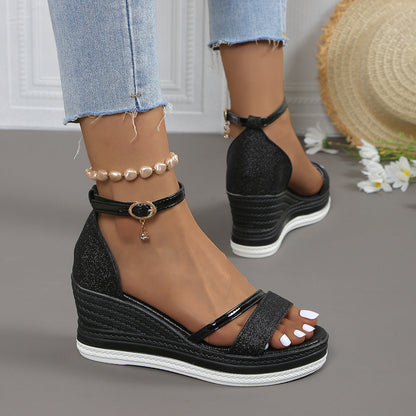 Fiorelle Women's Plus Size Rhinestone Platform Sandals – Peep-Toe Wedge Heel with Adjustable Ankle Strap, Chunky Beach Wedding Shoes