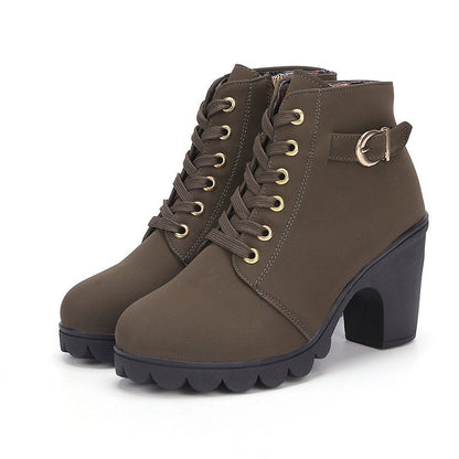 Fiorelle Women's Buckle Decorated Chunky Heel Ankle Boots - Side Zipper & Lace-Up Round Toe Mid-Calf Equestrian Boots (US 4-10)