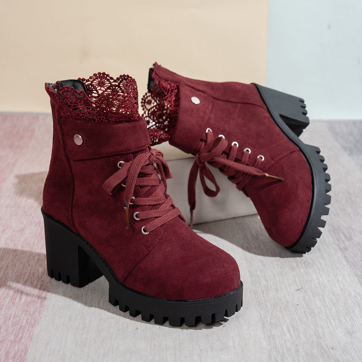 Fiorelle Women's Lace & Suede Heeled Boots - Chunky Heel Round Toe Vintage Ankle Boots (US 5-10.5)