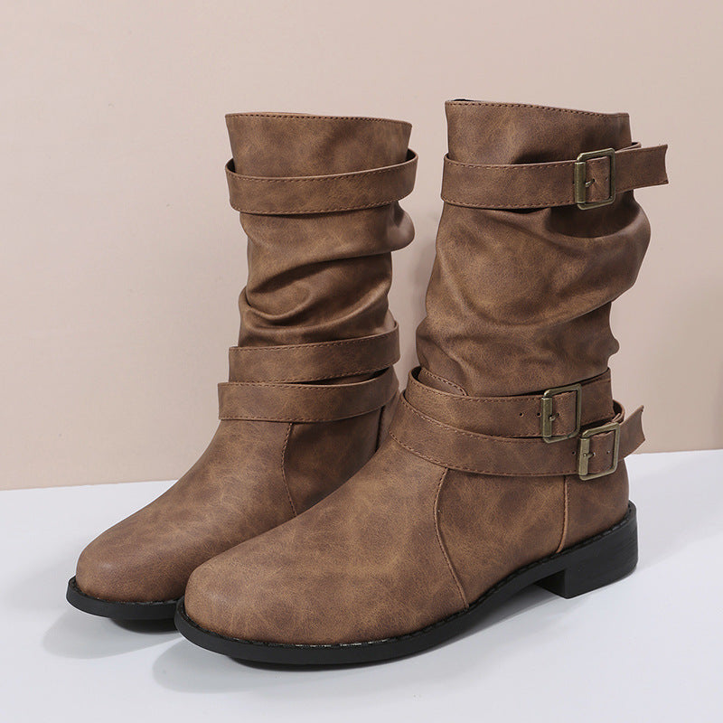 Fiorelle Women's Matte PU Buckle-Detailed Slouch Boots - Crushed Texture Stacked Mid-Calf Flat Boots (US 5-10.5)