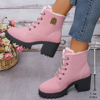 Fiorelle Women's Alpine Luxe Combat Boot - Chunky Sole Mid-Heel Weatherproof Ankle Boots with Faux Fur Lining & Classic Lace-Up Design (US 4-10)