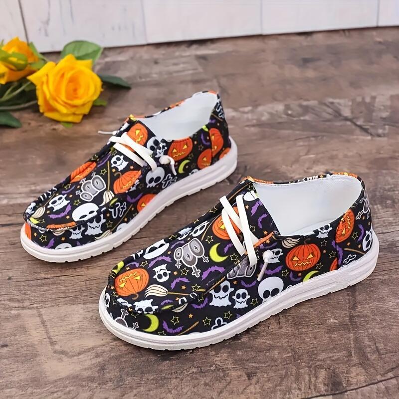 Fiorelle Women‘s Spooky Chic Canvas Sneakers - Halloween Pumpkin Skeleton Print Casual Shoes- US(5-9)