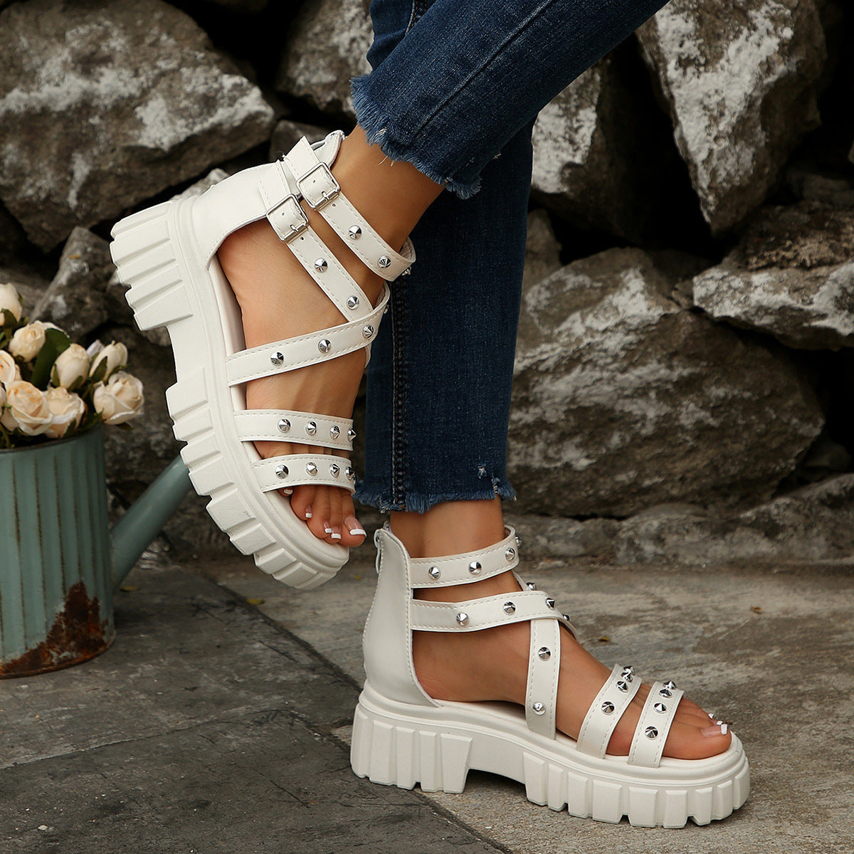 Fiorelle Women’s Rivara Studded Platform Wedge Sandals – Adjustable Ankle Strap Casual Summer Shoes (US 4–10.5)