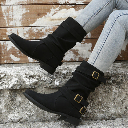 Fiorelle Women's Matte PU Buckle-Detailed Slouch Boots - Crushed Texture Stacked Mid-Calf Flat Boots (US 5-10.5)