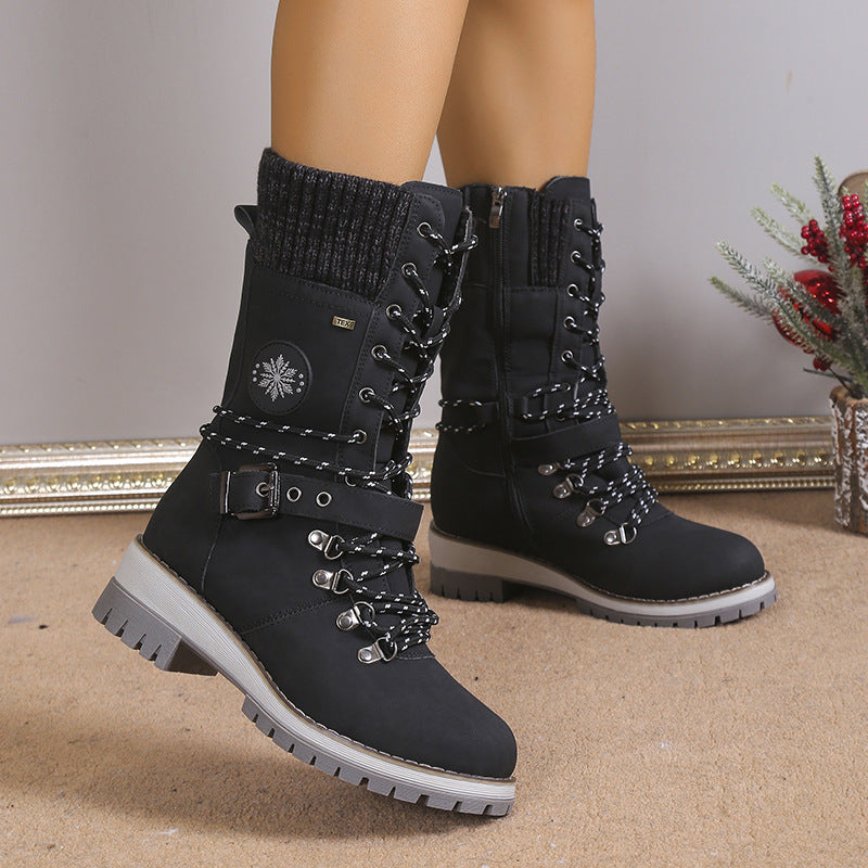 Fiorelle Women's Nordic Knit Combat Boot - High-Shaft Thermal Cotton Lined Snow Boots with Block Heel & Leather Accents Design (US 5-10.5)
