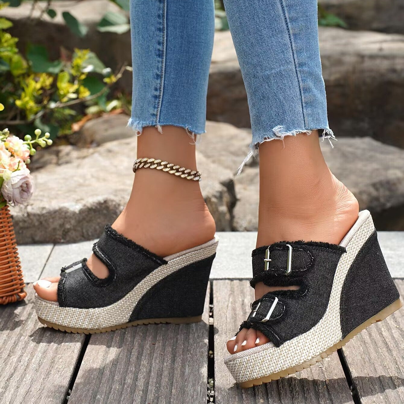 Fiorelle Women’s Denira Denim Peep-Toe Wedge Slide Sandals – Buckle Strap Platform Chic Summer Slides (US 5–10.5)