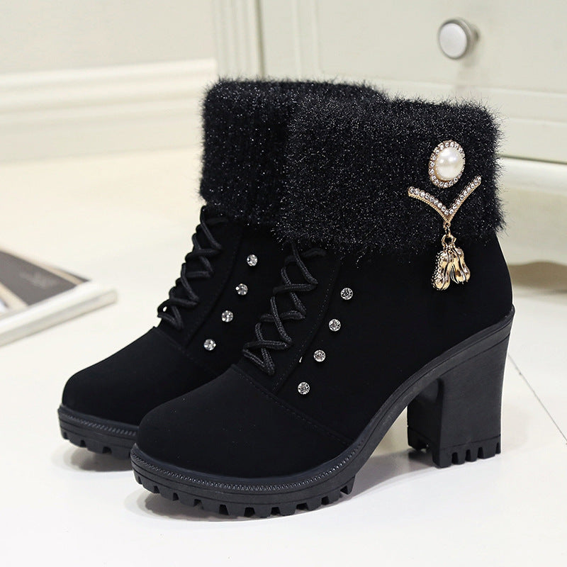 Fiorelle Women's Glam Knit-Cuff Boots - Rhinestone Decor Side Zip Block Heel Dress Boots (US 5-10)