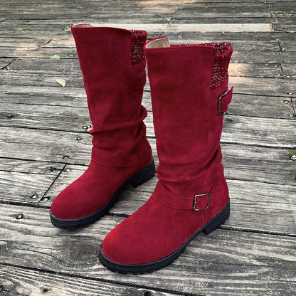 Fiorelle Women’s RanchWrap Buckle Mid-Calf Suede Boots – Knit Cuff Western-Style Slouchy Shoes (US 5–10.5)