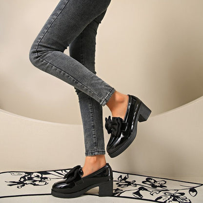 Fiorelle Women's Plus Size Bowknot Leather Shoes with Chunky Heel Platform