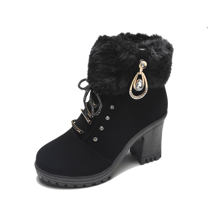 Fiorelle Women's Glam Knit-Cuff Boots - Rhinestone Decor Side Zip Block Heel Dress Boots (US 5-10)