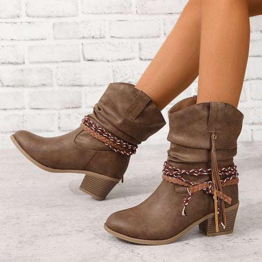 Fiorelle Women's Western Tassel Boots - Braided Buckle Cowboy Ankle Boots with Block Heel & Pointed Toe (US 5-10)