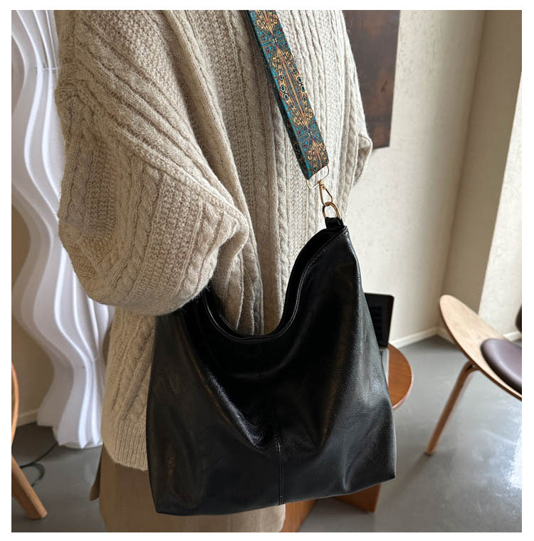 Fiorelle Women's Convertible Crossbody Bucket — Monochrome PU Carryall with Artisan-Embroidered Strap