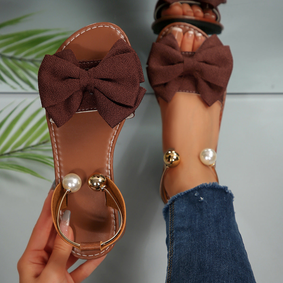 Fiorelle Women’s Serelle Pearl Bow Flat Slides – Minimalist Ankle Strap Casual Sandals (US 5–10.5)