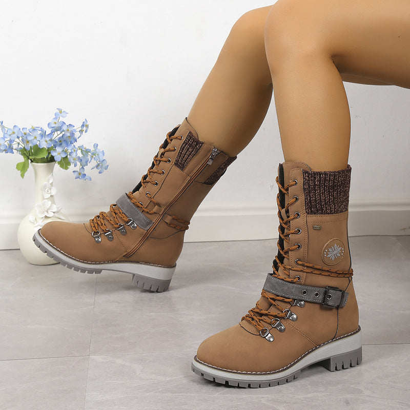 Fiorelle Women's Nordic Knit Combat Boot - High-Shaft Thermal Cotton Lined Snow Boots with Block Heel & Leather Accents Design (US 5-10.5)