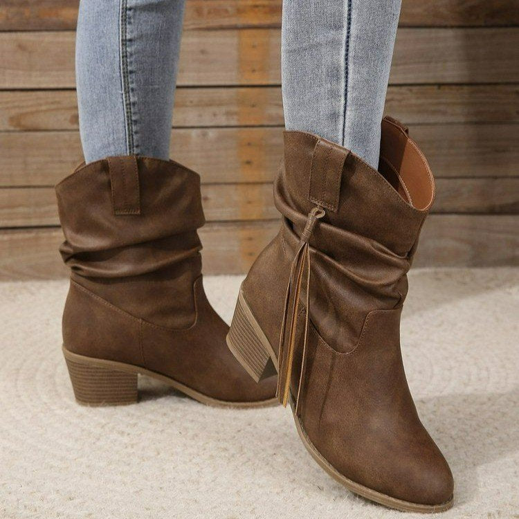 Fiorelle Women's Western Tassel Boots - Braided Buckle Cowboy Ankle Boots with Block Heel & Pointed Toe (US 5-10)