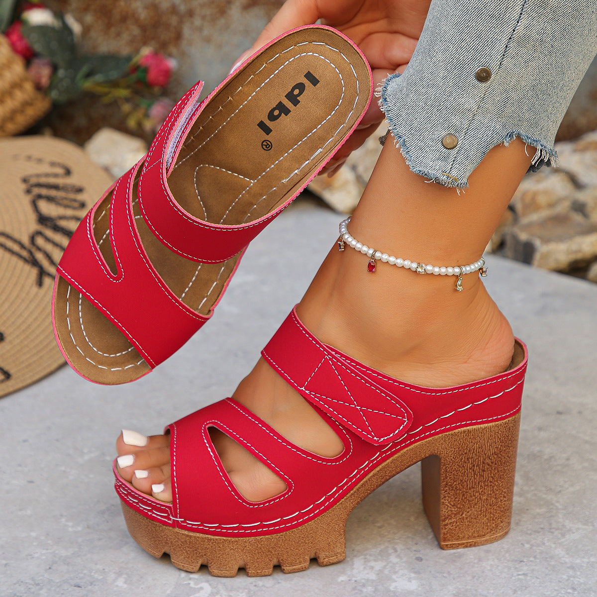Fiorelle Women’s Alviera Cutout Block Heel Slide Sandals – Peep Toe Velcro Comfort Mules (US 4–10.5)