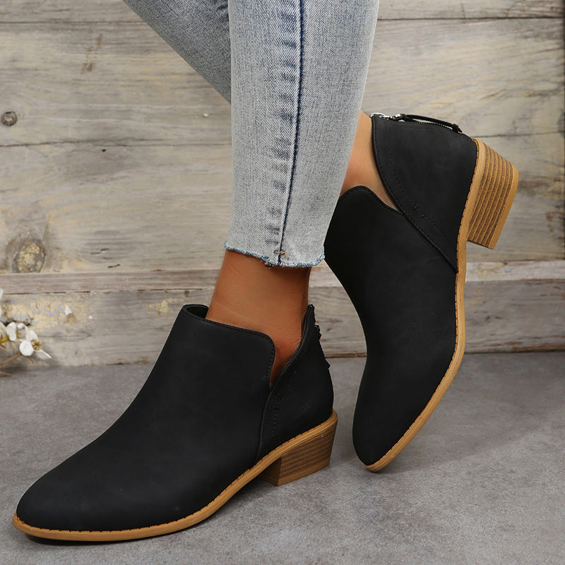 Fiorelle Plus Size Women's British-Inspired Solid-Color Pointed Toe Casual Fashion Boots with Rear Zipper & Low Chunky Hee