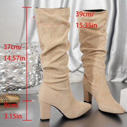 Fiorelle Women’s Suede ChunkyEdge Knee-High Boots – Pointed Toe Chunky Heel Tall Boots (US 4–10.5)