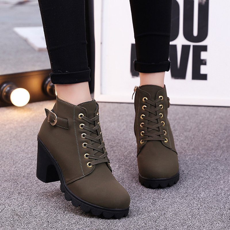 Fiorelle Women's Buckle Decorated Chunky Heel Ankle Boots - Side Zipper & Lace-Up Round Toe Mid-Calf Equestrian Boots (US 4-10)