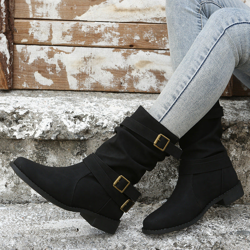 Fiorelle Women's Matte PU Buckle-Detailed Slouch Boots - Crushed Texture Stacked Mid-Calf Flat Boots (US 5-10.5)