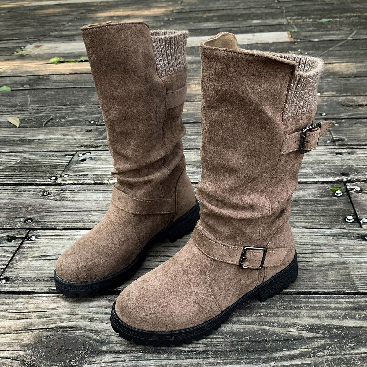 Fiorelle Women’s RanchWrap Buckle Mid-Calf Suede Boots – Knit Cuff Western-Style Slouchy Shoes (US 5–10.5)