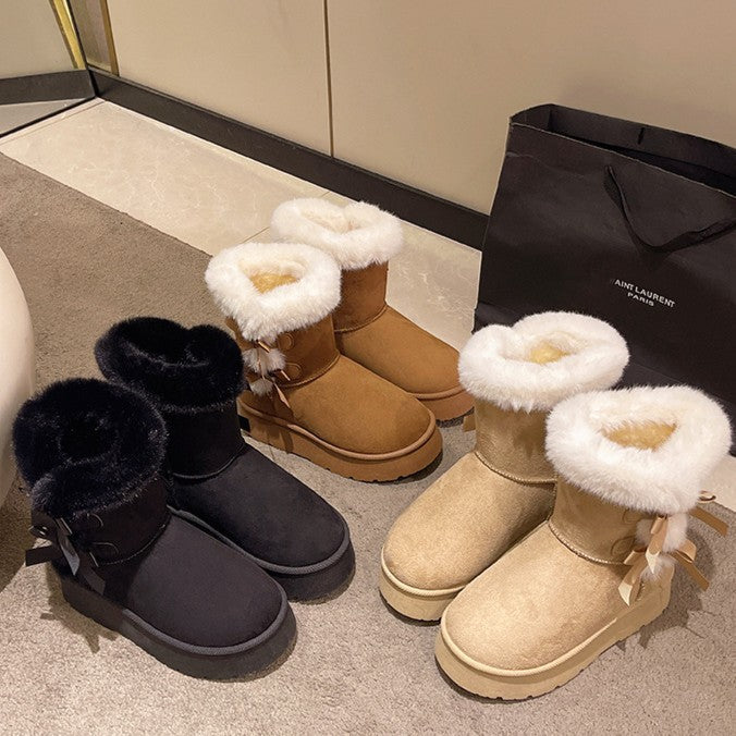 Fiorelle Women's Bow-Knit Cozy Winter Boots - Shearling Lined Chunky Platform Snow Boots (US 5-9.5)