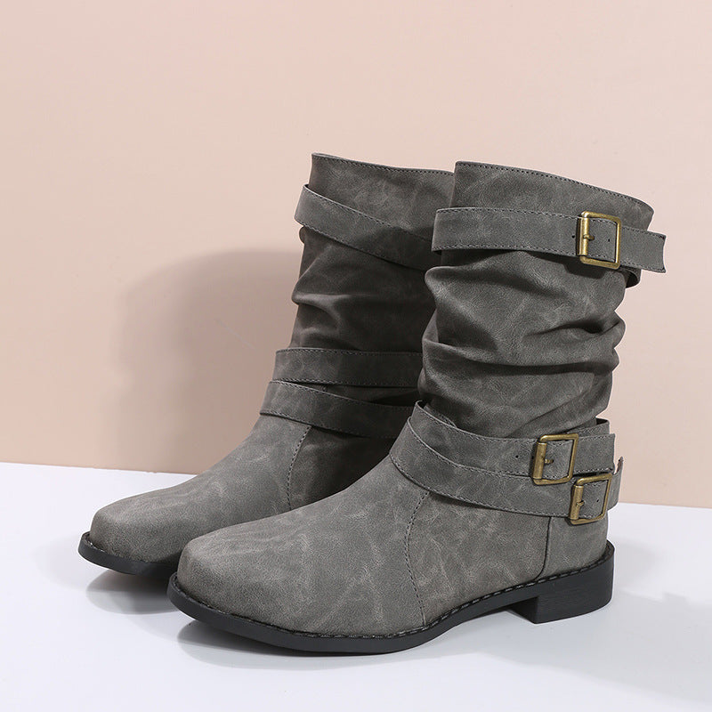 Fiorelle Women's Matte PU Buckle-Detailed Slouch Boots - Crushed Texture Stacked Mid-Calf Flat Boots (US 5-10.5)