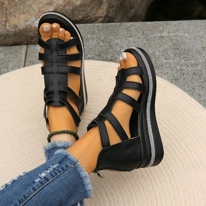 Fiorelle Women’s Plus Size Roman Zipper Sandals - Adjustable Ankle-Strap Slide Sandals with Height Boost for Summer