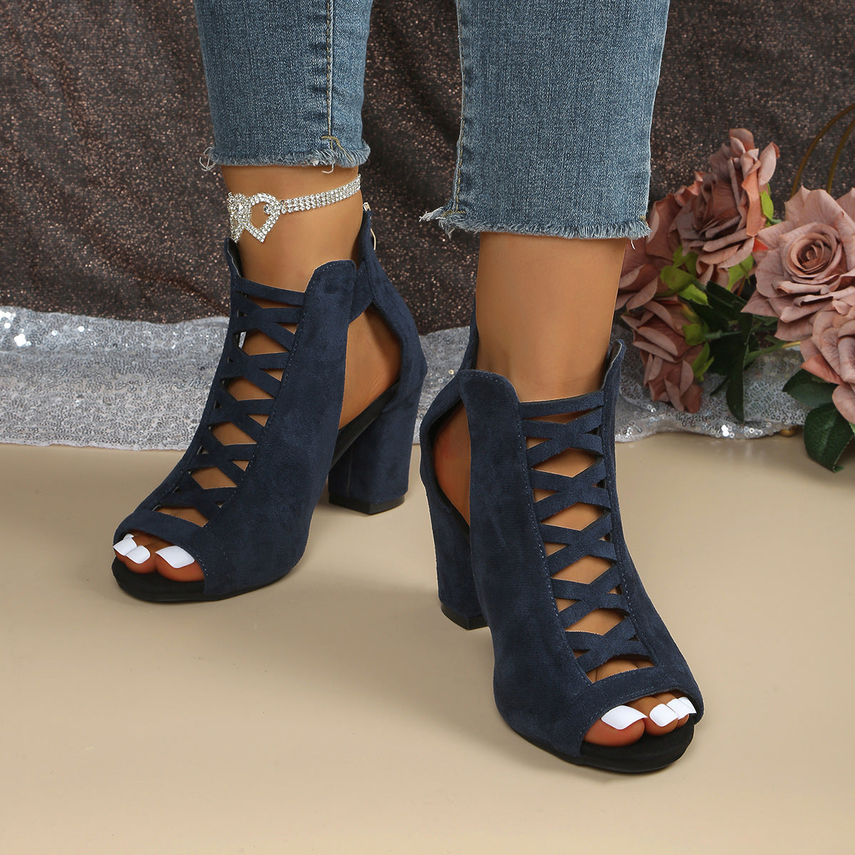 Fiorelle Women's Odette Suede Peep-Toe Cutout Bootie Sandals – Buckle Strap Chunky Heel Sophisticated Boot Sandals (US 3.5–11.5)