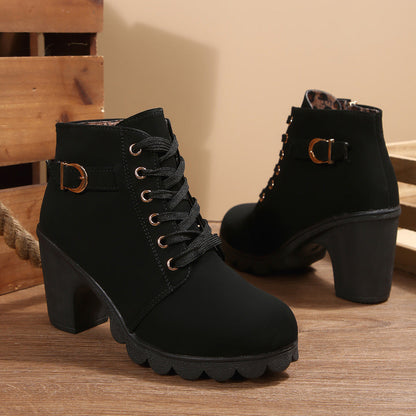 Fiorelle Women's Buckle Decorated Chunky Heel Ankle Boots - Side Zipper & Lace-Up Round Toe Mid-Calf Equestrian Boots (US 4-10)