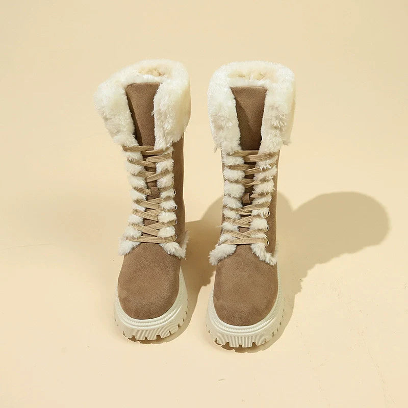 Fiorelle Winter New Women's Velvet Mid-Tube Cotton Boots with Thickened Lining and Height-Enhancing Design