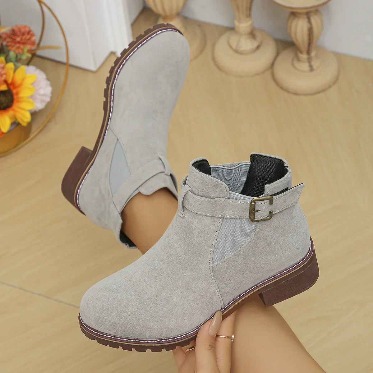 Fiorelle Women's Plus Size Suede Platform Martin Ankle Boots with Belt Buckle Details