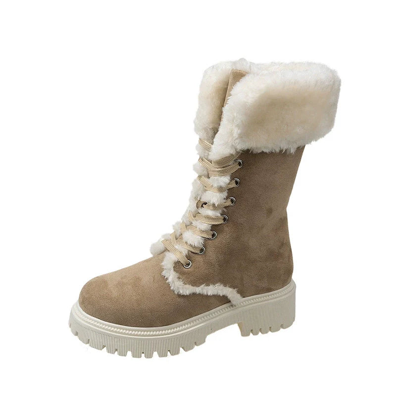 Fiorelle Winter New Women's Velvet Mid-Tube Cotton Boots with Thickened Lining and Height-Enhancing Design