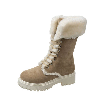 Fiorelle Winter New Women's Velvet Mid-Tube Cotton Boots with Thickened Lining and Height-Enhancing Design