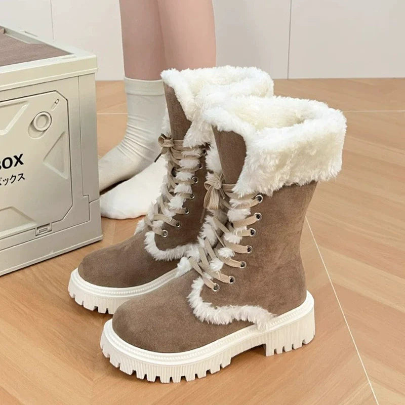 Fiorelle Winter New Women's Velvet Mid-Tube Cotton Boots with Thickened Lining and Height-Enhancing Design