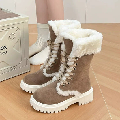 Fiorelle Winter New Women's Velvet Mid-Tube Cotton Boots with Thickened Lining and Height-Enhancing Design