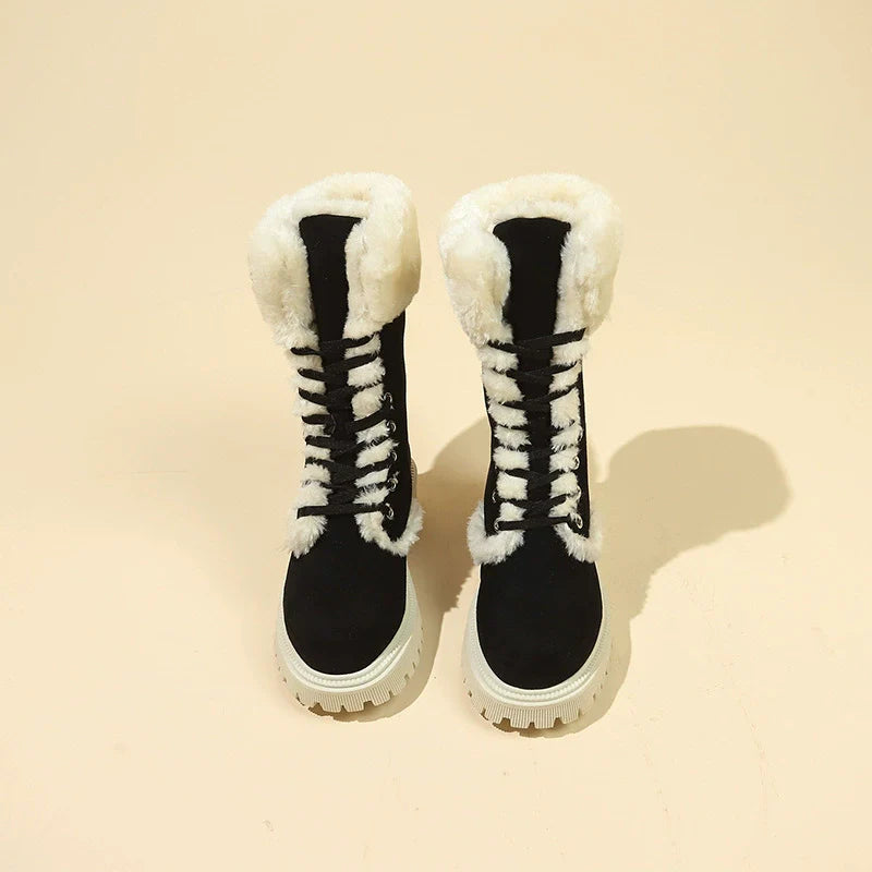 Fiorelle Winter New Women's Velvet Mid-Tube Cotton Boots with Thickened Lining and Height-Enhancing Design