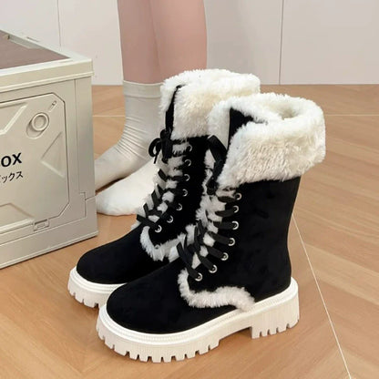 Fiorelle Winter New Women's Velvet Mid-Tube Cotton Boots with Thickened Lining and Height-Enhancing Design
