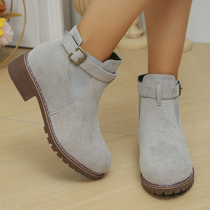 Fiorelle Women's Plus Size Suede Platform Martin Ankle Boots with Belt Buckle Details
