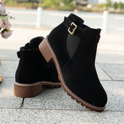 Fiorelle Women's Plus Size Suede Platform Martin Ankle Boots with Belt Buckle Details