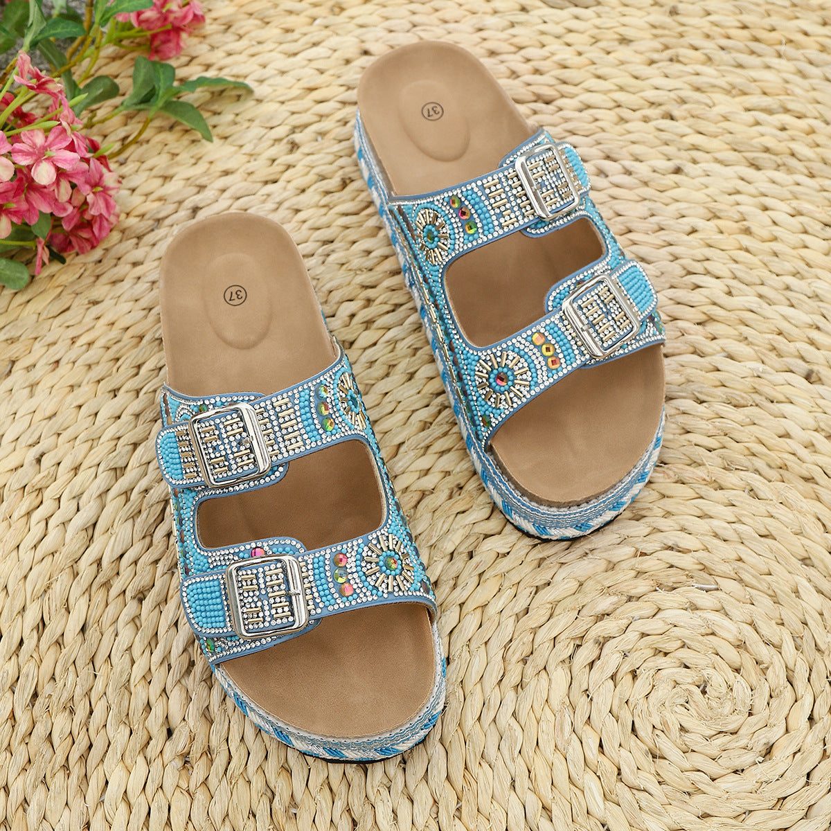 Fiorelle Women’s Calyra Rhinestone Platform Slide Sandals – Boho Metallic Buckle Rope Detail Resort Slides (US 5–10.5)