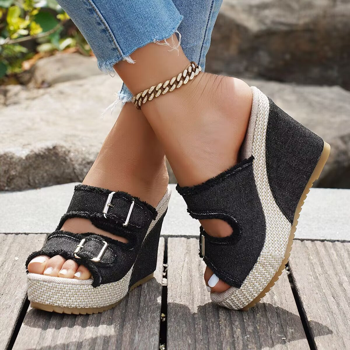 Fiorelle Women’s Denira Denim Peep-Toe Wedge Slide Sandals – Buckle Strap Platform Chic Summer Slides (US 5–10.5)