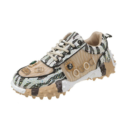 Fiorelle Women’s Lumira Embroidered Letter Mesh Platform Sneakers – Rhinestone Detail Chunky Sole Light Luxury Fashion Sneakers (US 4–10.5)